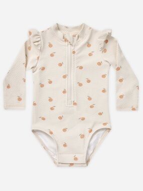 Quincy Mae Cream Orange-Print Long Sleeve One-Piece Swimsuit